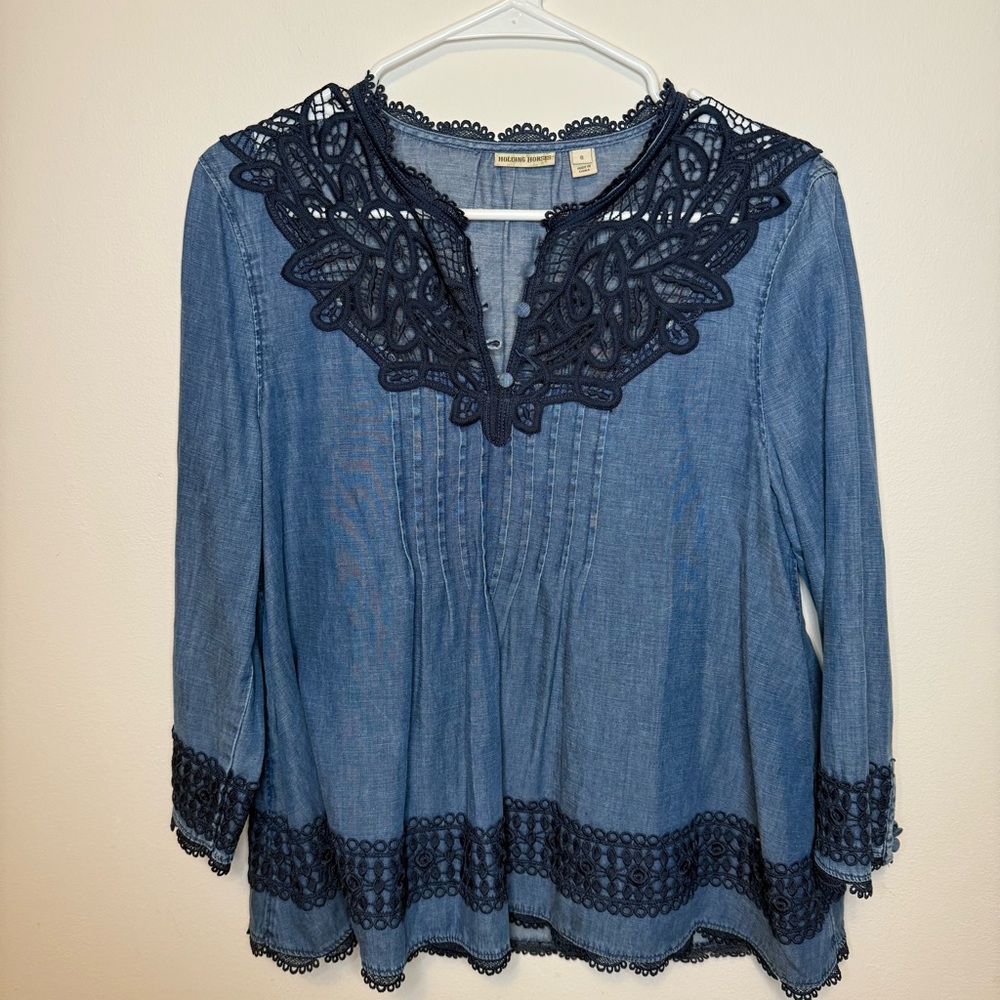 Anthropologie Holding Horses Denim Embroidered Top